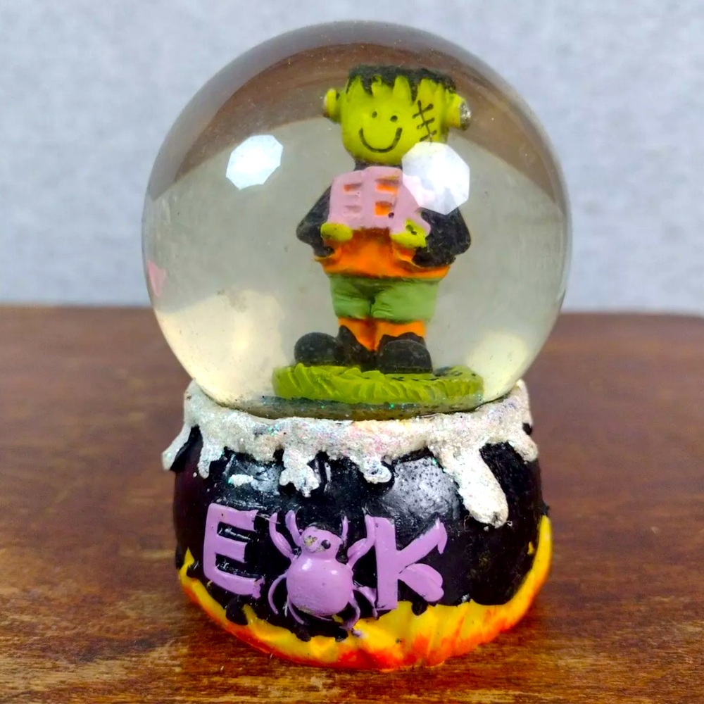 Halloween Snow Globe Black Snow EEK Frankenstien Figure cauldron globe 4" Tall